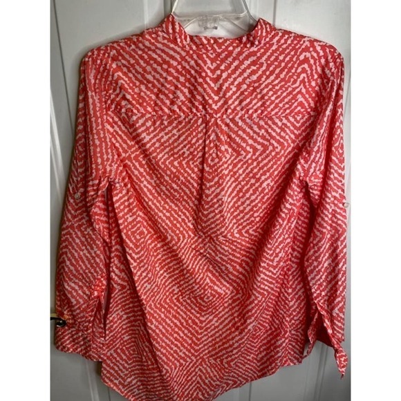 J. Crew Factory Coral White Print Cotton 1/2 Button Blouse Small Roll Tab Sleeve - Picture 2 of 5
